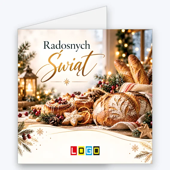 Kartka świąteczna BN2-715 – Świąteczne pieczywo w ciepłym świetle z logo firmy