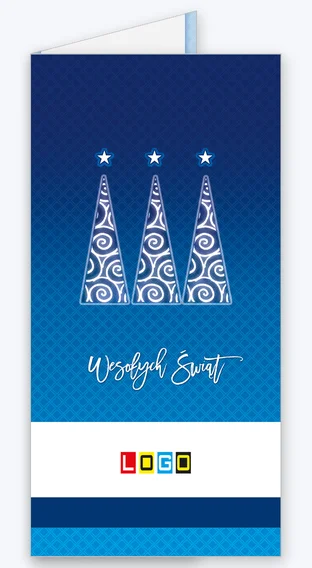 Kartka świąteczna BN3-083 – Trzy ażurowe choinki z logo firmy